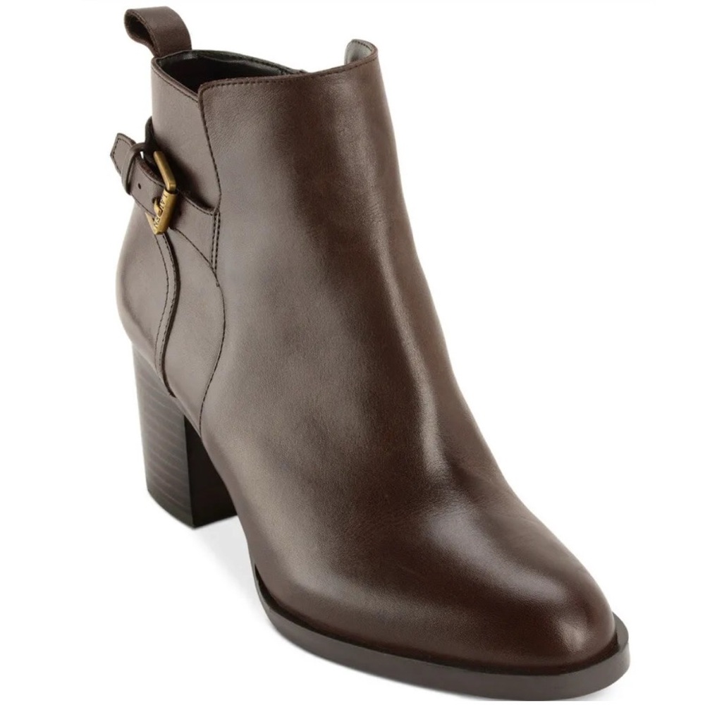 Lauren Ralph Lauren Dark Brown Leather Ankle Boot with Buckle Accent